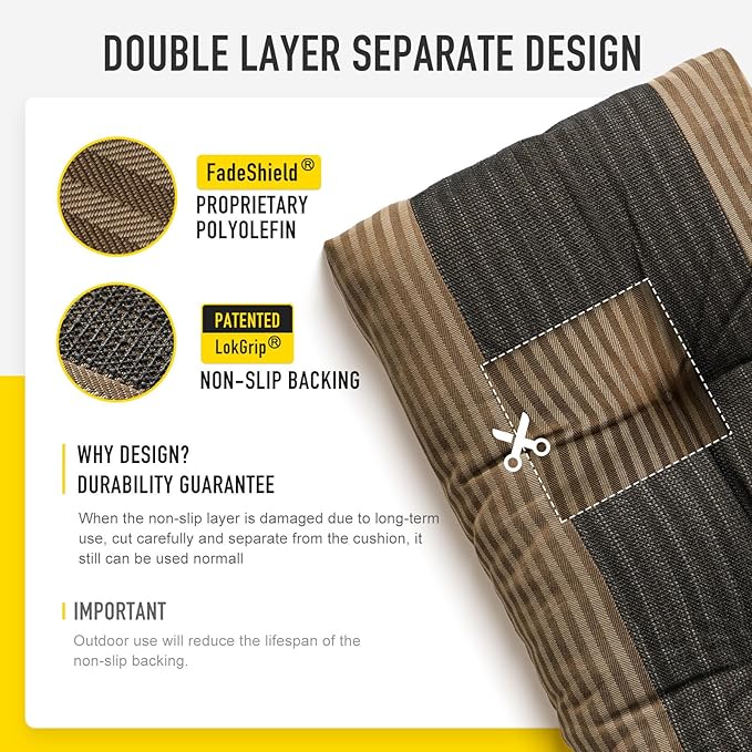 SUNROX LokGrip Non Slip Tufted Memory Foam Bench Cushion, FadeShield Water Resistant Durable Thicken Outdoor/Indoor Bench Seat Pads 36x14x4 inch, Cocoa Stripe