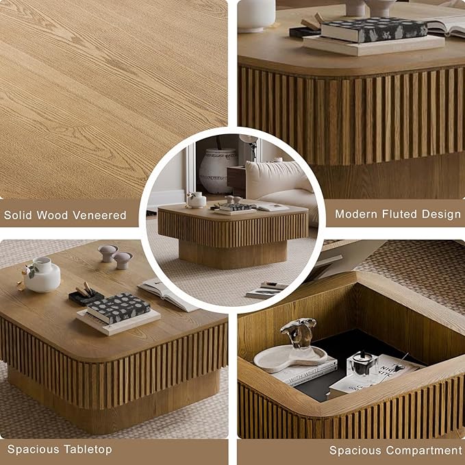 FGXJY Square Small Coffee Table with Storage, Modern Wooden Coffee Table with Solid Wood Veneered, Fluted Center Table Drum Tea Table for Living Room Apartment, 31.5''L×31.5''W×14''H
