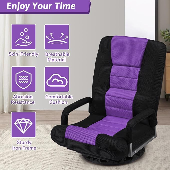 360 Rotating Swivel Gaming Chair w/6 Adjustable Positions Backrest Foldable Floor Chairs Suitable for Reading, Relaxing, Mediation,Purple