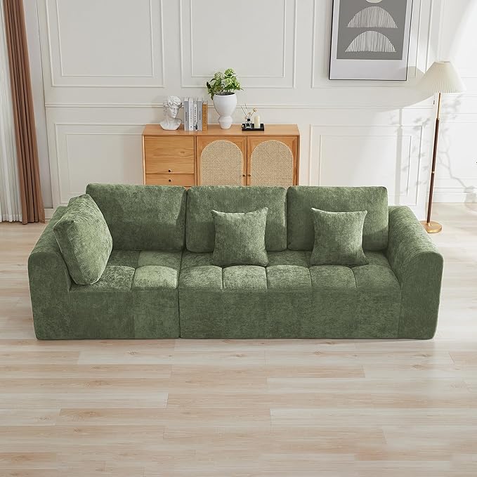 110''Modular Sectional Couches for Living Room, Cloud Boneless Compressed Sectional Sofa, Oversized 3 Seater Upholstered Memory Foam Sofa, No Assembly, Chenille Green