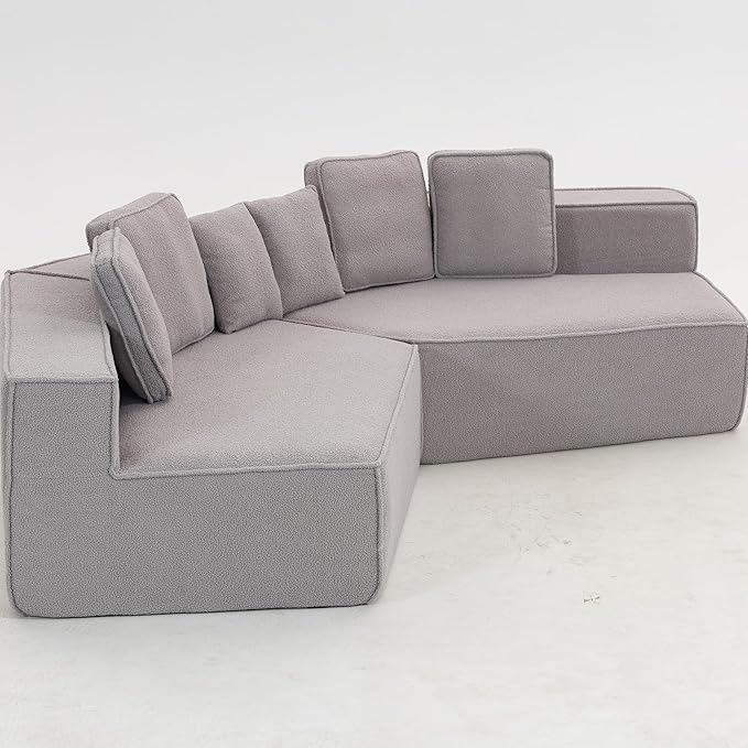 EPOFIT 132'' Oversized Teddy Fleece Modular 2-Seater Sofa, Compressed All-Foam Floor Couch with 6 Cushions, Low-Profile Cozy Sectional Sofa for Living Room & Apartment – Grey