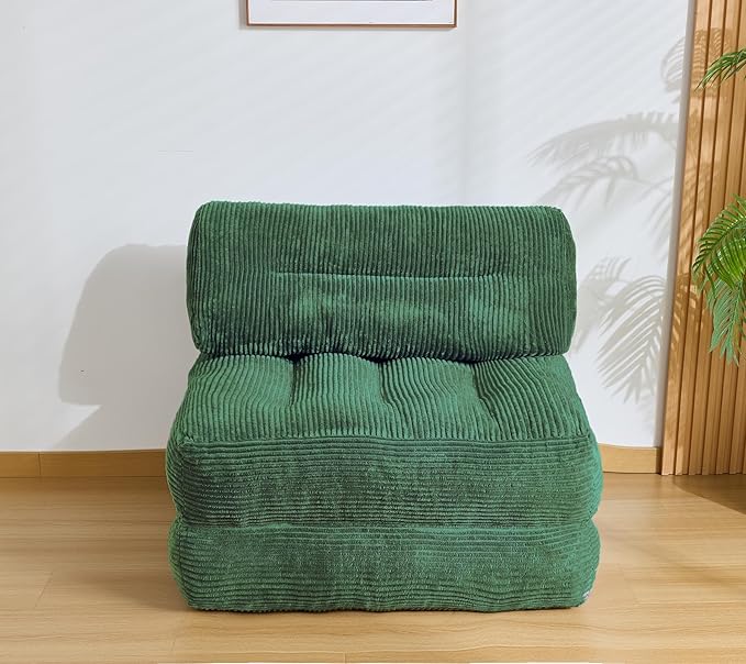 Kisoy Folding Sofa Bed, Convertible Sleeper Chair Couch Bed Faux Rabbit Fur for Adults, with Back Support Floor Couch Comfy Floor Sofa for Living Room Bedroom, Dark Green, Single