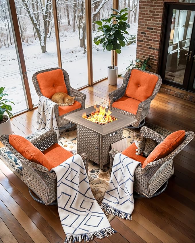 ACTREST Outdoor Patio Swivel Gliders with Fire Pit Table 5 Piece Set - High Back Brown Wicker Rattan Rocking Chair with Thick Cushion for Porch Apartment Deck Yard Poolside Garden - Orange