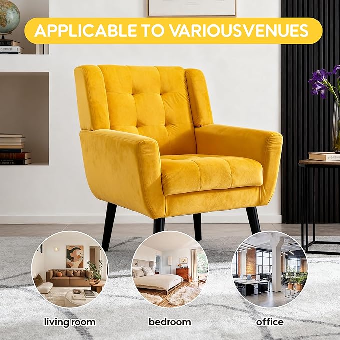 OO BY ORANGE ONLINE Set of 2 Velvet Accent Chair, Mid-Century Modern Tufted Armchair for Living Room, Bedroom & Office (Yellow)