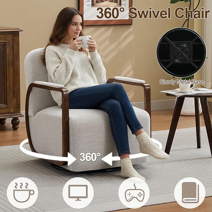 CACFTII 32" Chenille Upholstered Swivel Accent Chair, 360° Rotating Metal Base Modern Lounge Chair with Wooden Armrests for Living Room Bedroom, Beige