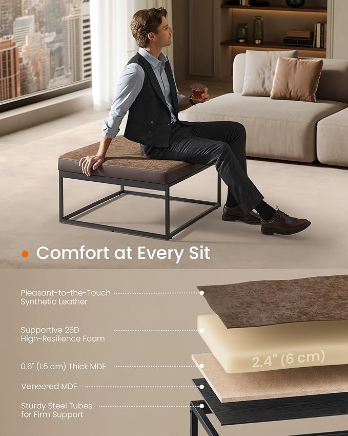 SONGMICS Home LUIZ Collection - Ottoman, Square Coffee Table, Footstool, Reversible Top, Padded Seat, Side Table, Minimalist, Steel Frame, Max. Load 660 lb, for Living Room, Walnut Brown ULOM077K01