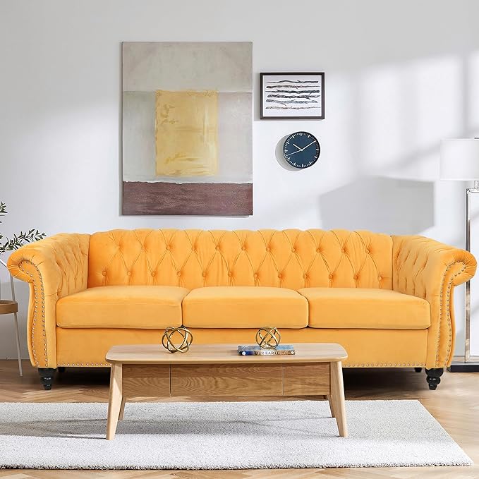 QHITTY Accent Large Sofa, Chesterfield Couch 3 Seater Modern Velvet Couch Upholstered Sofa with Tufted Back for Living Room Furniture (Mango)