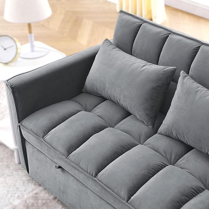 3 in 1 Convertible Sleeper Sofa Bed, Futon Couches for Living Room with Side Pocket | Adjustable Backrest| Velvet Fabric | Pull Out Couch | Love seat Sofa|2-seat Sofa Bed (Grey)
