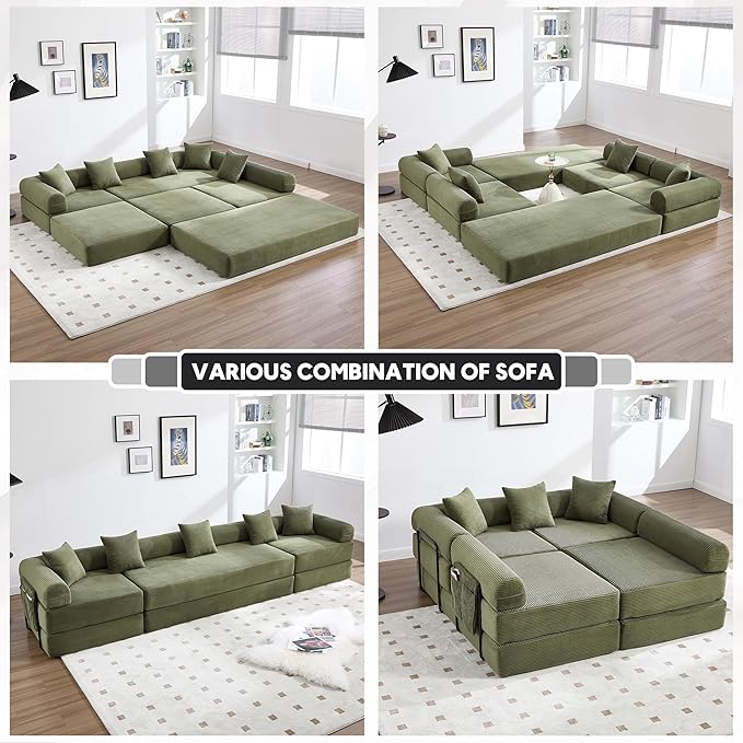 L Shape Convertible Sofa Bed with Cylindrical Pillow and Storage Pocket, Convertible Sofa Couch Bed with Support Frame for Living Room Bedroom Children Room-Oliver Green