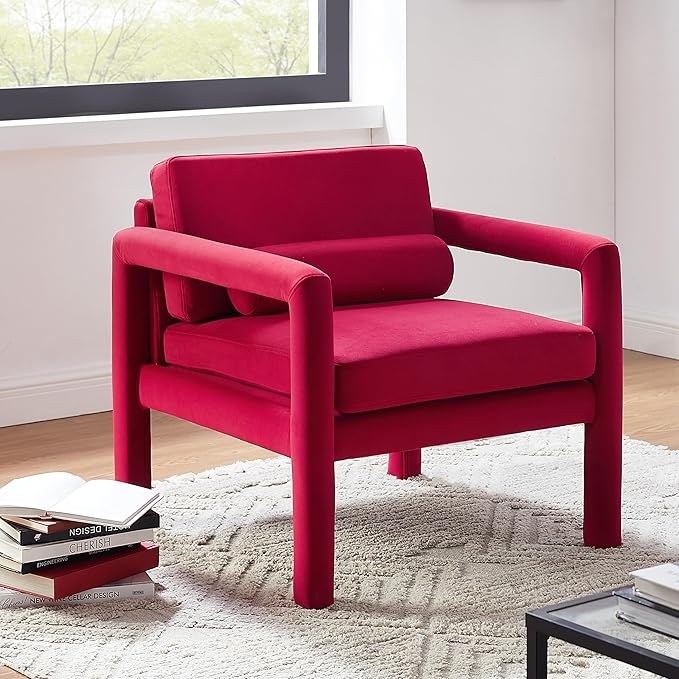 Art Leon Modern Accent Chair, Velvet Upholstered Arm Chair with Pillow, Single Sofa Chair for Living Room Bedroom, Red
