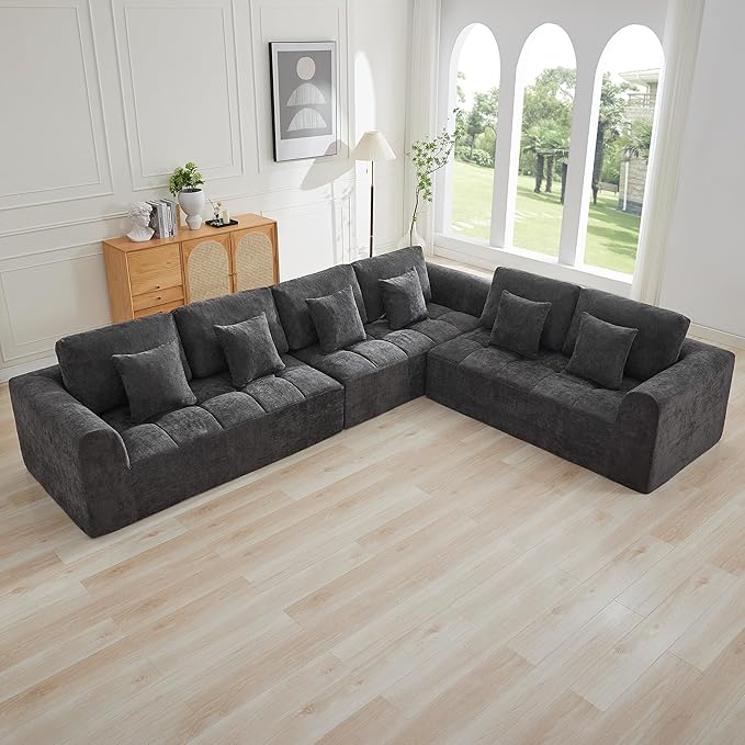 140''Modular Sectional Couches for Living Room, Cloud Boneless Compressed Sectional Sofa, Oversized L Shaped 6 Seater Upholstered Memory Foam Sofa, No Assembly, Chenille Grey