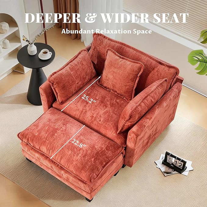 SoarFlash Chenille Sectional Sofa, Comfy Modular Single Sofa with Ottoman, Modern Recliner Deep Seat Sofa Set for Living Room,Orange