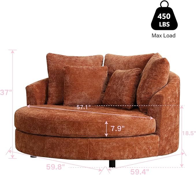 Chifee & Vingol 59.8" W Oversized Accent Barrel Chair Large Round Chair with Wheels,Burnt Orange