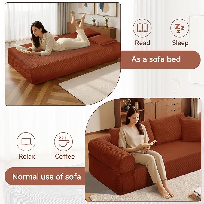 83" Sofa in a Box, 3 Seater Couch No Assembly Boneless Sofa Bed with Cushion Back 2 Matching Pillows Deep Seat Corduroy Fabric Side Storage Pockets for Living Room, Bedroom, Apartment, Office, Orange