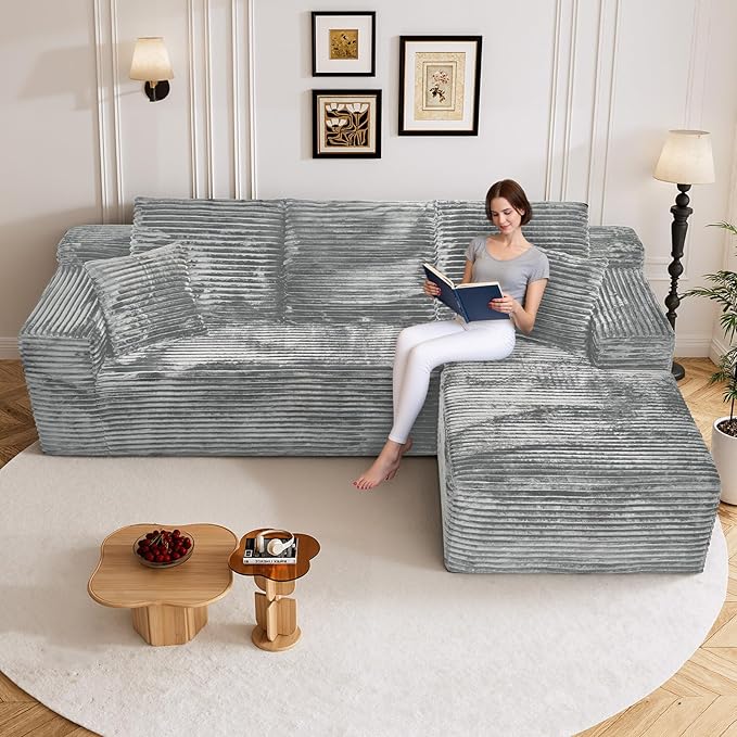 108" Boneless Cloud Sectional Couches for Living Room, Comfy Fluffy L Shaped Memory Foam Deep Seat Boneless Couch, Modular Sectional Sofa with Right Facing Chaise, Grey