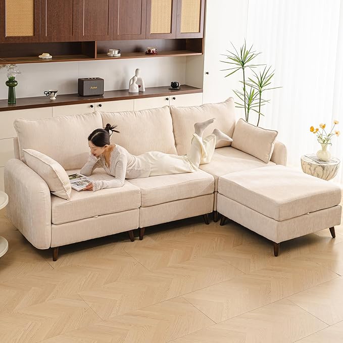 Rexulqo 104'' Modular Sectional Sofa with All Seats Storage, Oversized L Shaped Couch,Comfy Cloud Couches with Movable Ottoman,24.5'' Deep Seat,Large Sectional for Living Room,Bedroom,Velet,Cream