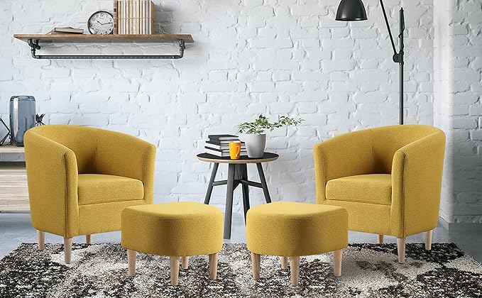 DAZONE Modern Accent Chair, Upholstered Arm Chair Linen Fabric Single Sofa Chair with Ottoman Foot Rest Mustard Yellow Comfy Armchair for Living Room Bedroom Small Spaces Apartment Office