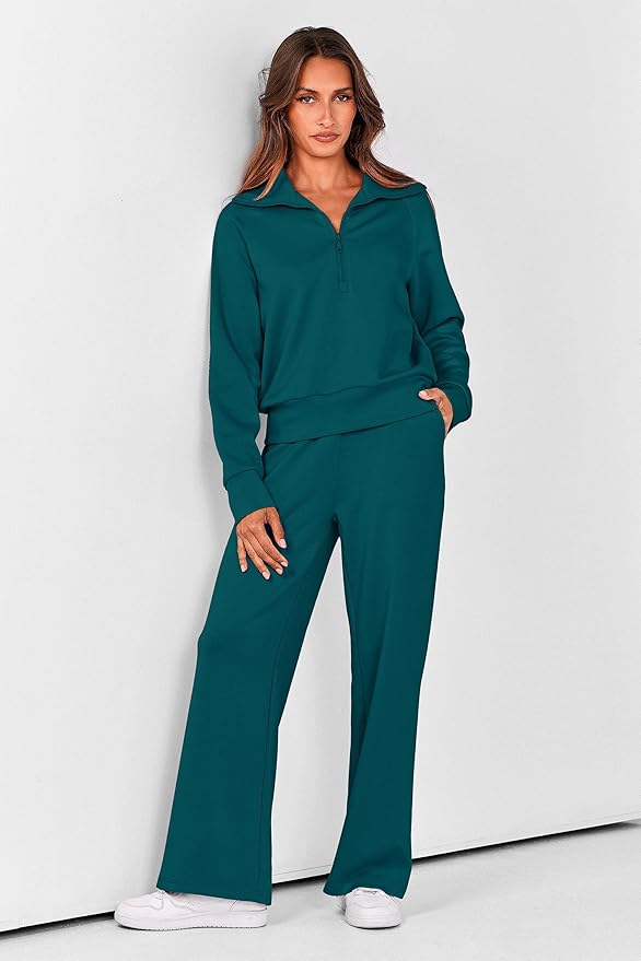 PRETTYGARDEN Women's 2 Piece Outfits Casual Lapel Half Zip Sweatshirts and Wide Leg Pants Tracksuit Sets