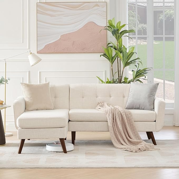 Tbfit L Shaped Couch Sofa, 80" W Mid-Century Modern Sectional Couches, 3 Seater Sofas with Wide Chaise Lounge, Button Tufted Upholstered Sectional Sofa for Living Room, Bedroom, Beige | linen fabric, button tufted, solid wood foot, pocket spring, wood ...