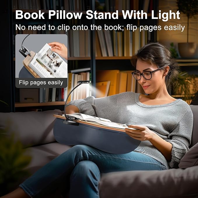 Book Pillow Stand with 6500K Reading Light, Hands Free Book Holder, Comfortable Lap Book Stand for Reading in Bed, Desk, or Sofa, Wooden Book Rest for Book Lovers,AAA Battery Required