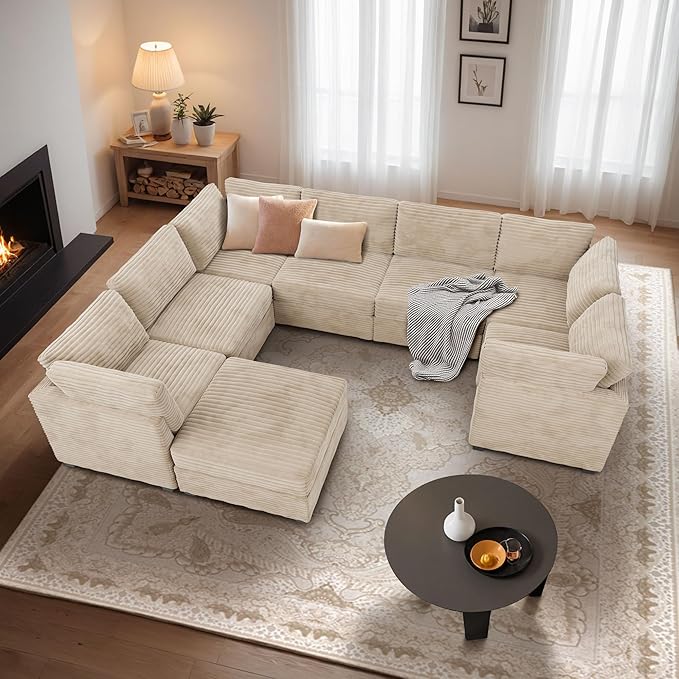 CAODOC Large 8 Seat Modular Sectional Sofa with Ottoman Seat Corduroy Sleeper Sectional Sofa Bed Oversized Convertible Modular Couch for Living Room