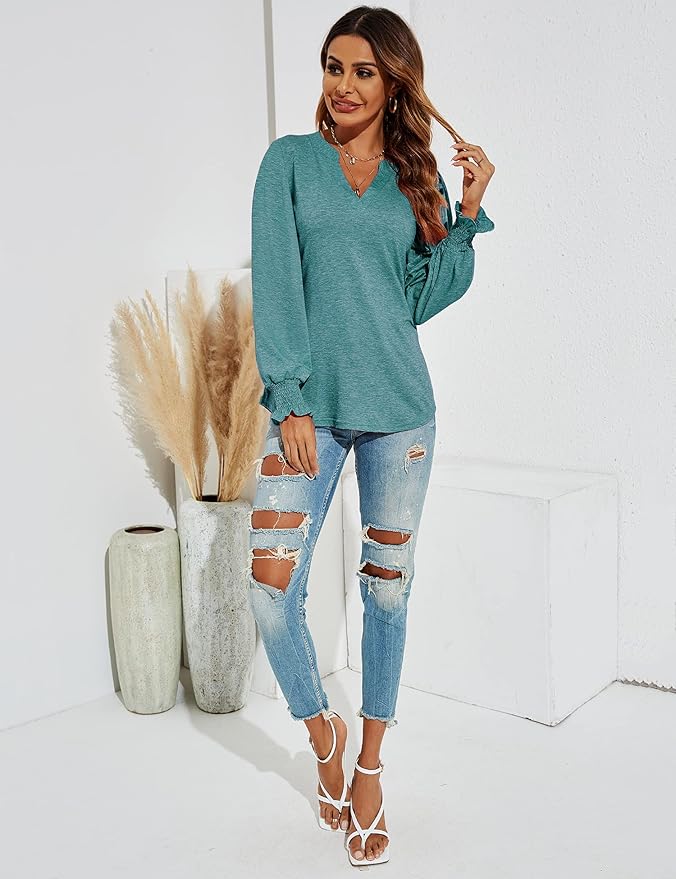 Romanstii Women's Casual V-Neck T-Shirts Loose Puff Long Sleeve Tops Tunic Blouses
