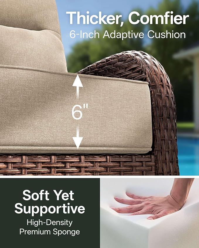 7-Piece Patio Furniture Set with 6-Inch Thick Cushions, High Back Outdoor Couch and Swivel Rocker Chairs, All-Weather Conversation Set for Porch, Deck, Yard, Pool in Beige