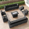 LayinSun 15 Pieces Patio Furniture Set with Fire Pit Table, Black Rattan Modular Sectional Patio Conversation Sofa Set