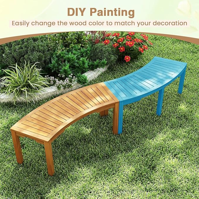Tangkula Outdoor Curved Bench, Acacia Wood Fire Pit Bench w/Slatted Seat, Patio Backless 2-Person Seating for Porch, Yard, Garden, 800 LBS Max Load, Oil Painted (2, 45")