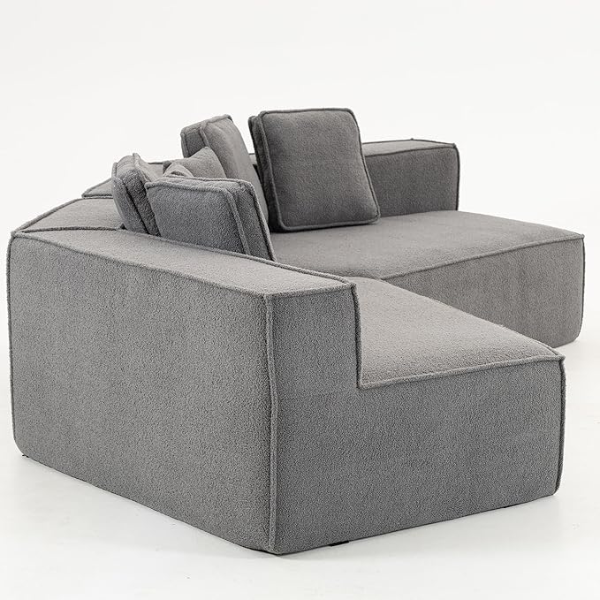 EPOFIT 132'' Oversized Teddy Fleece Modular 2-Seater Sofa, Compressed All-Foam Floor Couch with 6 Cushions, Low-Profile Cozy Sectional Sofa for Living Room & Apartment – Blue Gray
