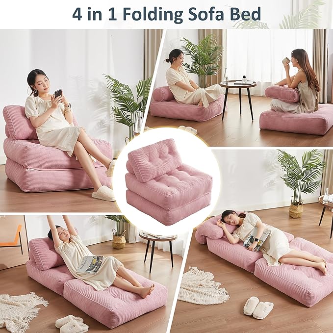 Afuson Folding Chair Bed, Futon Sofa Bed, Floor Couch for Adults Chair for Living Room, Lounge Sofa, Convertible Sofa Bed, Small Couches for Small Spaces, Pink