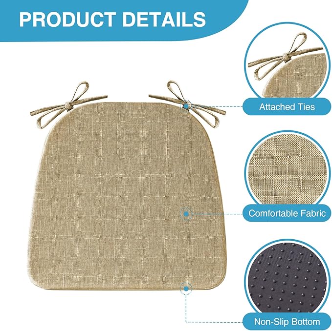 Chair Cushions for Dining Chairs Set of 4, Non Slip Kitchen Chair Pads, 17" x 16" x 2", Indoor Dining Chair Cushions with Ties, D-Shaped Seat Cushions for Kitchen Chairs, Khaki