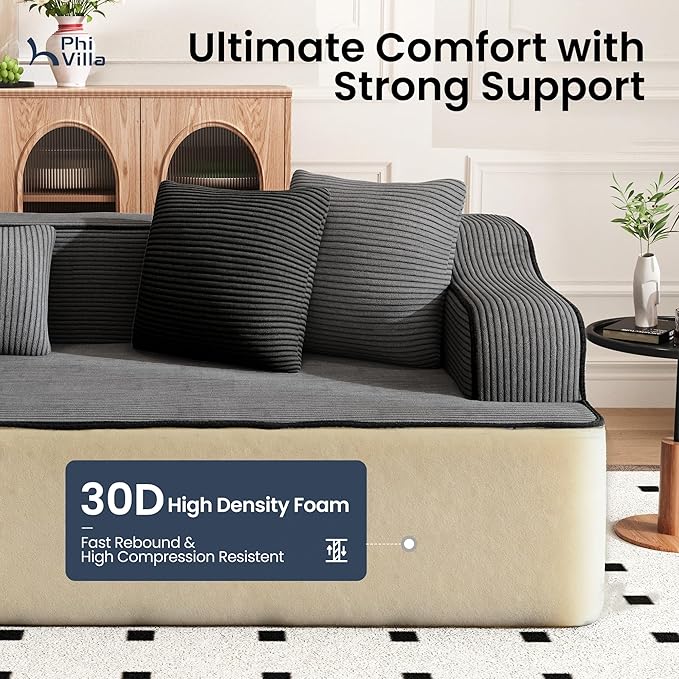 PHI VILLA Cloud Modular Couch, Boneless Sectional Sofa with U-Shaped Chaise, 7-Seater Couches with Movable Ottomans for Living Room, No Assembly Required, Corduroy, Grey