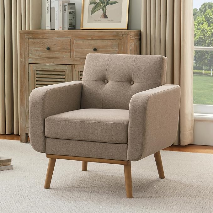 HUIMO Fabric Accent Chair, Mid Century Modern Chair, Button Tufted Living Room Chairs Easy to Install, Upholstered Comfy Sofa Chair for Bedroom Study Office Reading Corner (Brown)
