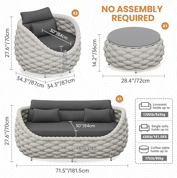 Erotr Rope Patio Furniture Set: 4 Pieces Aluminum Outdoor Couch Set Cushioned - Assembled Conversation Sofa Set Modern - Metal Porch Seating for 5 Person - All Weather for Deck Garden Poolside Hotel
