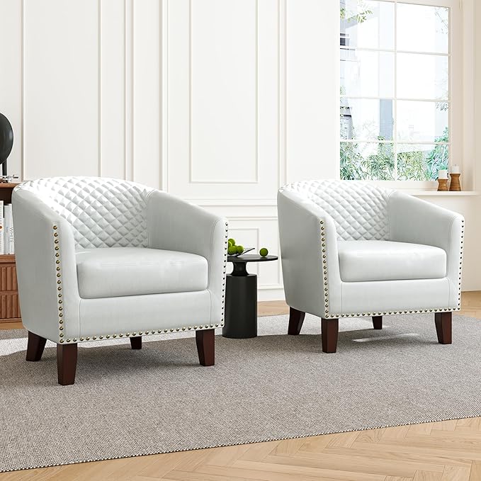 DREAMSIDEA Accent Barrel Chair, Upholstered Faux Leather Club Chair with Nailed Trim, Comfy Reading Armchair for Living Room Bedroom Reception Room Office (White, Set of 4)