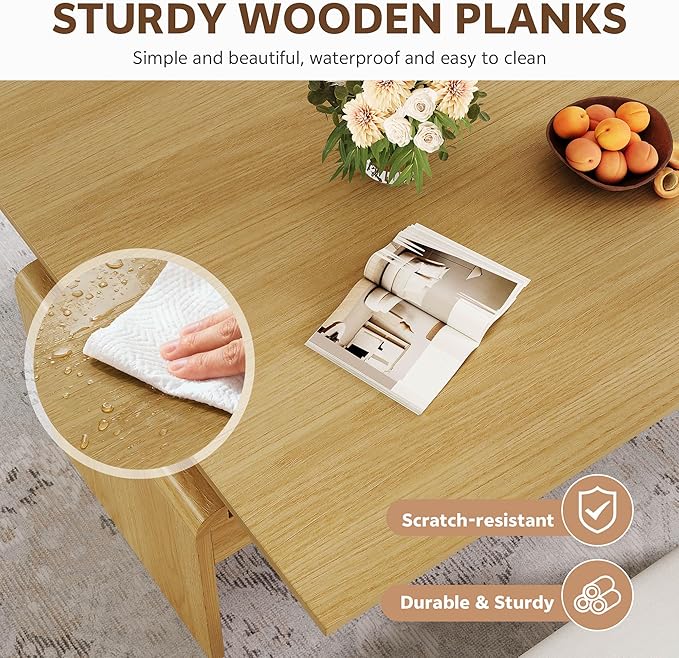 Coffee Table Lift Top, 40'' Multi-Function Coffee Table Set with Bench & Hidden Compartment, Center Table w/Curved Corner, Converts to Home Office Table, Dining Table for Living Room, Natural