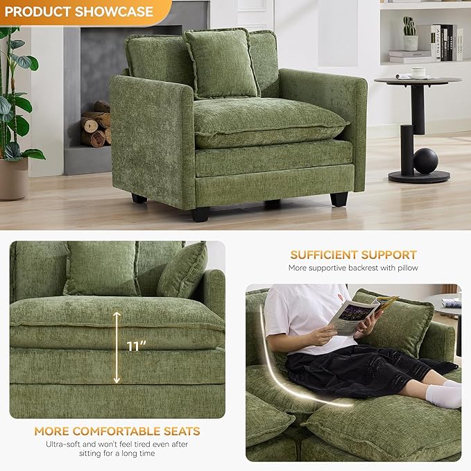 WUTUTUEE 41'' Modern Chenille Oversized Chair, Upholstered Accent Living Room Chair with Extra Thicked Deep Seat, Single Lounge Chair for Bedroom, Small Apartment,Green