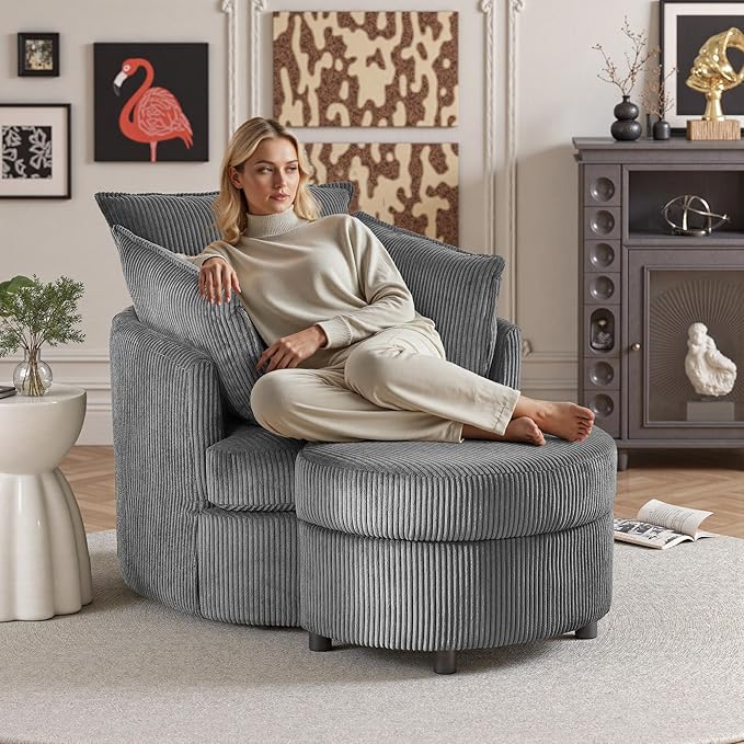 Chorlenimi Swivel Accent Chair Round Barrel Armchair Upholstered Living Room Chair Corduroy Reading Chair Single Sofa Chair for Bedroom Apartment Office (Grey, Upgrade 1Seater+ Ottoman)