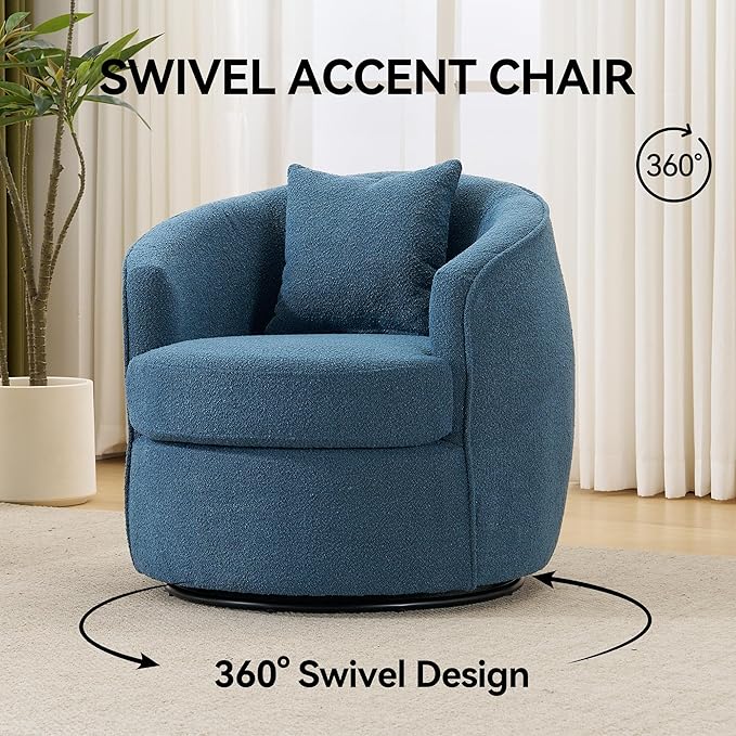 FaFaSoGoodFa Swivel Accent Chair Set, Modern Upholstered Boucle Barrel Arm Chairs with Pillow for Living Room, 360 Degree Round Swivel Sherpa Armchair with Round Base for Bedroom Club (2, Dark Blue)