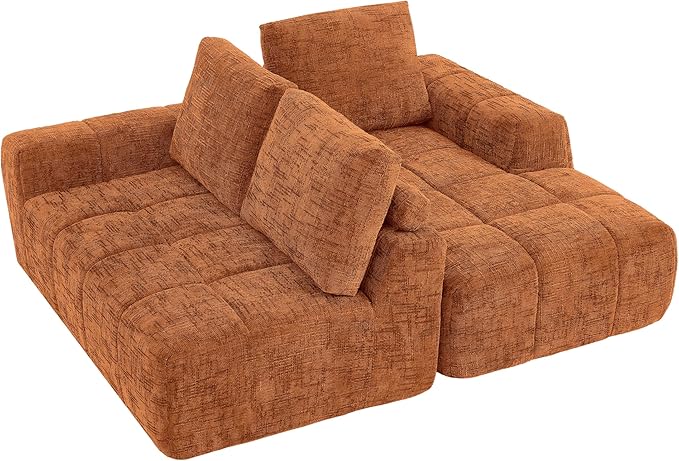 KEIKI Sectional Chenille Floor Sofa, Convertible L-Shaped Boneless Cloud Sleeper Couch with Chaise Lounge, Space Saving Modular Futon Couches Bed for Living Room Bedroom, No Assembly Required, Orange