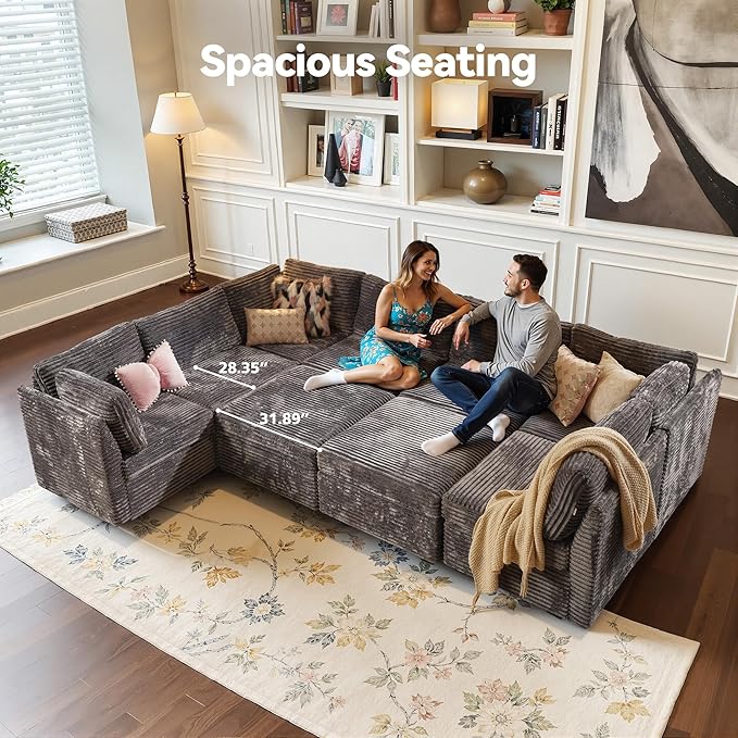 CAODOC Large 9 Seat Modular Sectional Sofa with Ottoman Seat Corduroy Sleeper Sectional Sofa Bed Oversized Convertible Modular Couch for Living Room