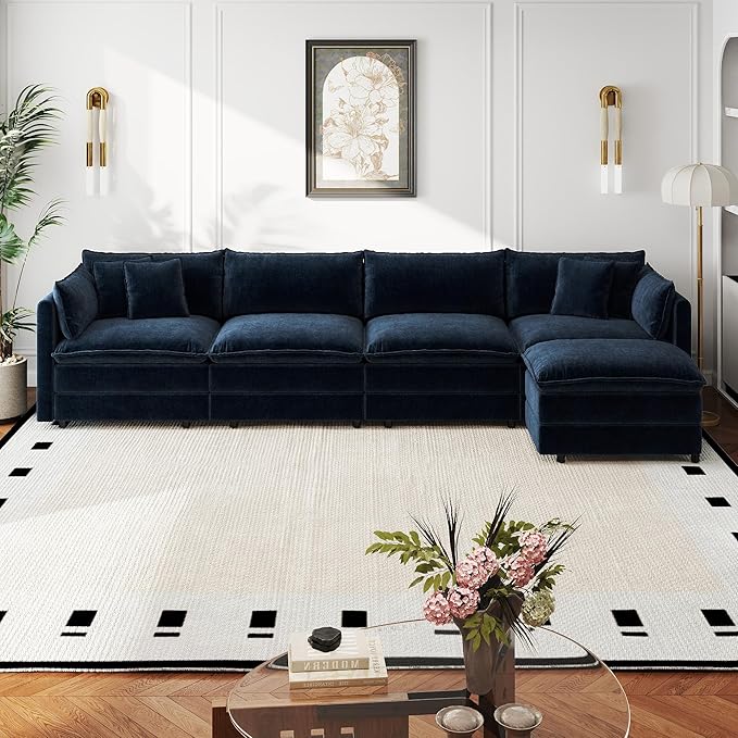 Aoowow Modular Sectional Sofa Modern Convertible L Shaped Couch,147.2 Inch Deep 4-Seater Sofas Set Comfy Chenille Cloud Sofas and Couches with Movable Ottoman for Living Room Apartment（Blue）