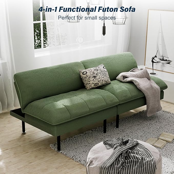 70" Futon Sofa Bed, 4 in 1 Multi-Function Couch Sleeper with Adjustable Backrest, Modern Convertible Futon, Recliner Small Loveseat for Living Room, Dorm, Green