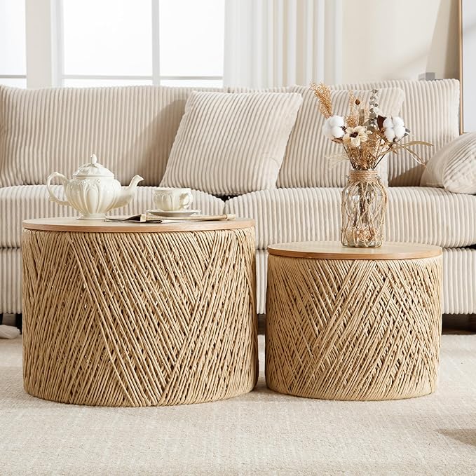 LZAREAL Farmhouse Round Coffee Table with Storage Boho Living Room Table with Lifting Top Hand-Woven Rattan Nesting Coffee Tables for Living Room, Natural