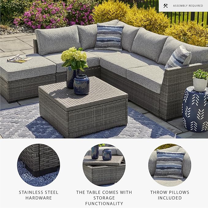 Signature Design by Ashley Petal Road Casual Nuvella Weather Resistant Fabric, Cushioned Outdoor Loveseat Sectional/Ottoman/Table Set with 2 Throw Pillows, Set of 4, Gray