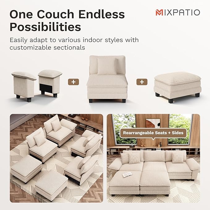 MIXPATIO 157-Inch L Shaped Sectional Sofa with Cloud Cushions, Deep Seat Modular Couch Set w/ 5 Seats & 1 Ottomans, Removable Arms, Plush Corduroy Upholstery for Living Room, Apartment - Beige