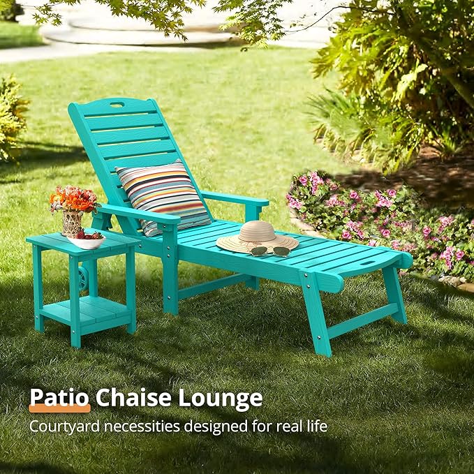 LUE BONA Outdoor Chaise Lounge, HDPS Chaise Lounger, 5 Positions Adjustable Lounge Chairs, Pool Lounge Chair with Wheels for Poolside, Backyard, Aruba Blue