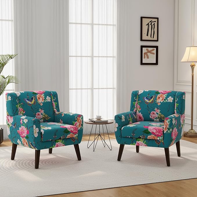 DREAMSIDEA Accent Chair, Modern Linen Blend Arm Chair for Living Room, Bedroom, Comfy High-Resilient Sponge Reading Chair for Small Spaces (Pattern Floral Blue, Set of 1)
