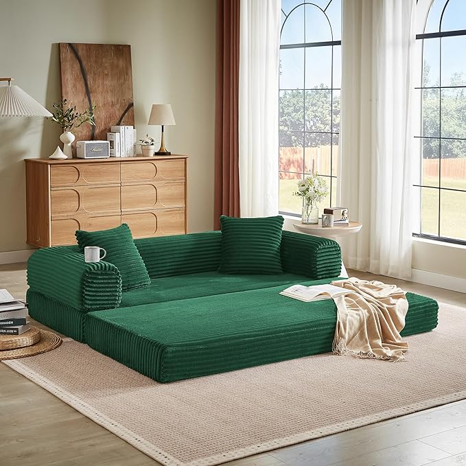 Chorlenimi Boneless Couch Futon Sofa Bed Sectional Couches for Living Room,Cloud Couch with Sleeper Sofa,Sofas for Living Room Oversized Corduroy Upholstered (Green, 76 Inches (No Iron Frame))